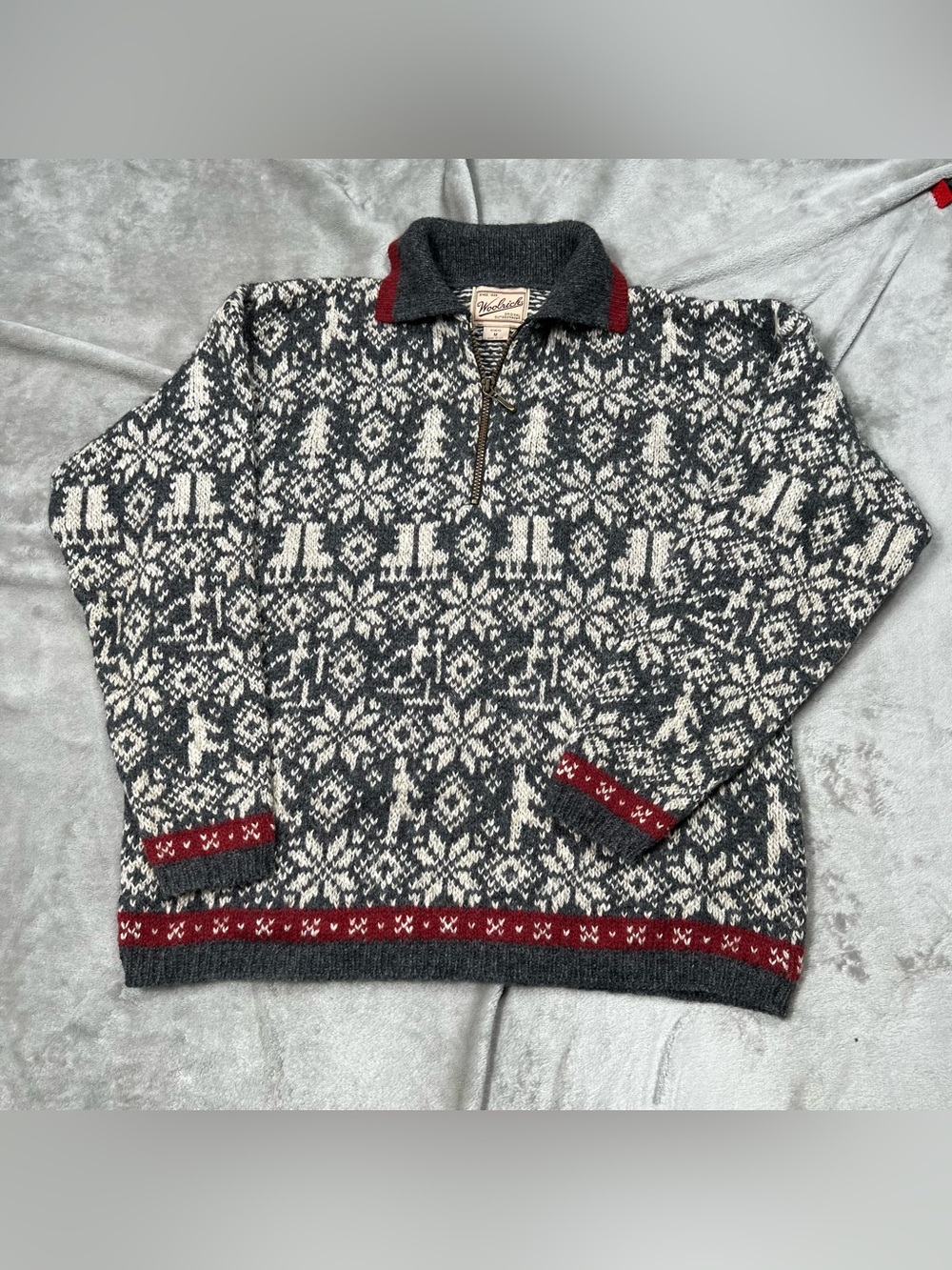 Vintage Woolrich 1/4 Zip Wool Sweater Womens M Gray Fair Isle USA Made Pullover